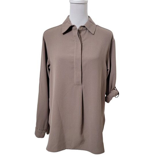 Max Studio Size S Taupe Hidden Button, Roll-Tab Sleeve Blouse, Exc. Used Cond. - Picture 1 of 12